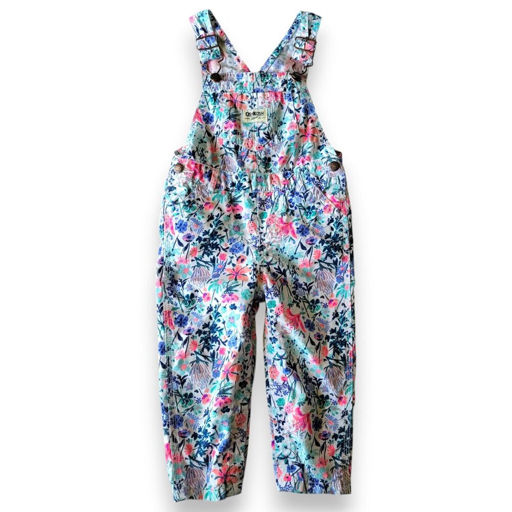 OshKosh B’gosh Floral Overalls 24M Toddler Girl Cottagecore Spring Snap Leg